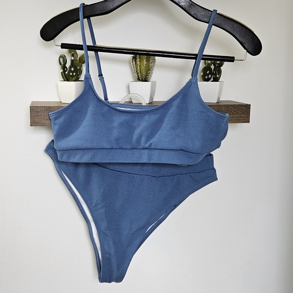 Cupshe Swim Swoop Neck High Cut Ribbed Bikini Swimsuit Two Piece Hi